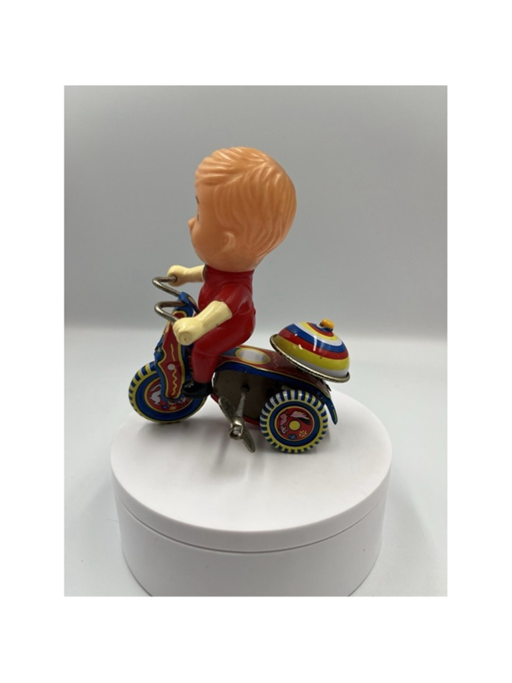 Vintage Boy And Tricycle Ringing Wind Up Tin Toy, WORKS , CUTE COLLECTIBLE SEE